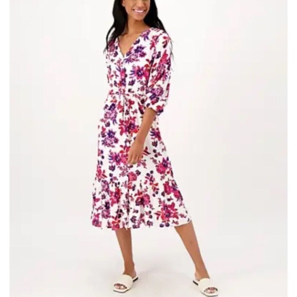Candace Cameron Burr floral button front midi dress sz L petite cottage whimsica